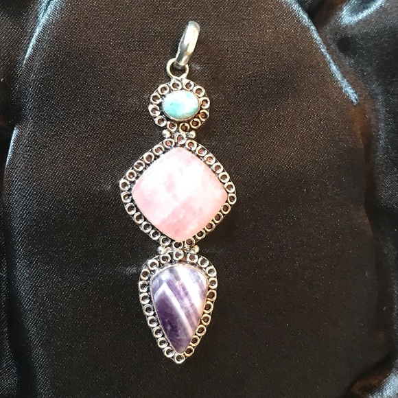 LARGE NATURAL GEMSTONE PENDANT ROSE QUARTZ~CHEVRON AMETHYST & LARIMAR 🌟NEW🌟 - Picture 1 of 6